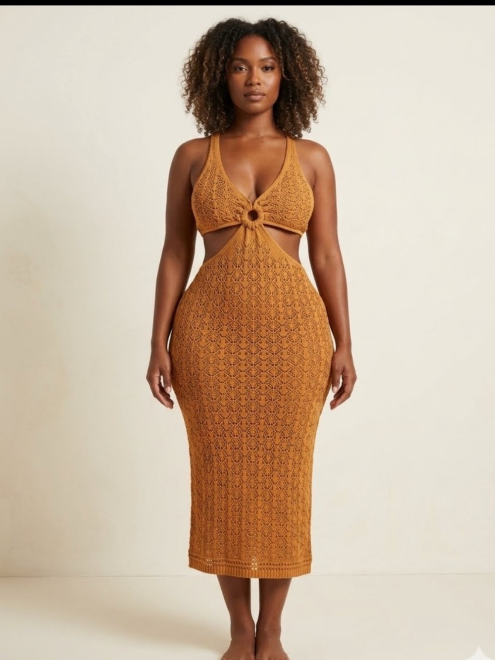 Almost Famous Mustard Knit Midi Dress with Front Knot Detail